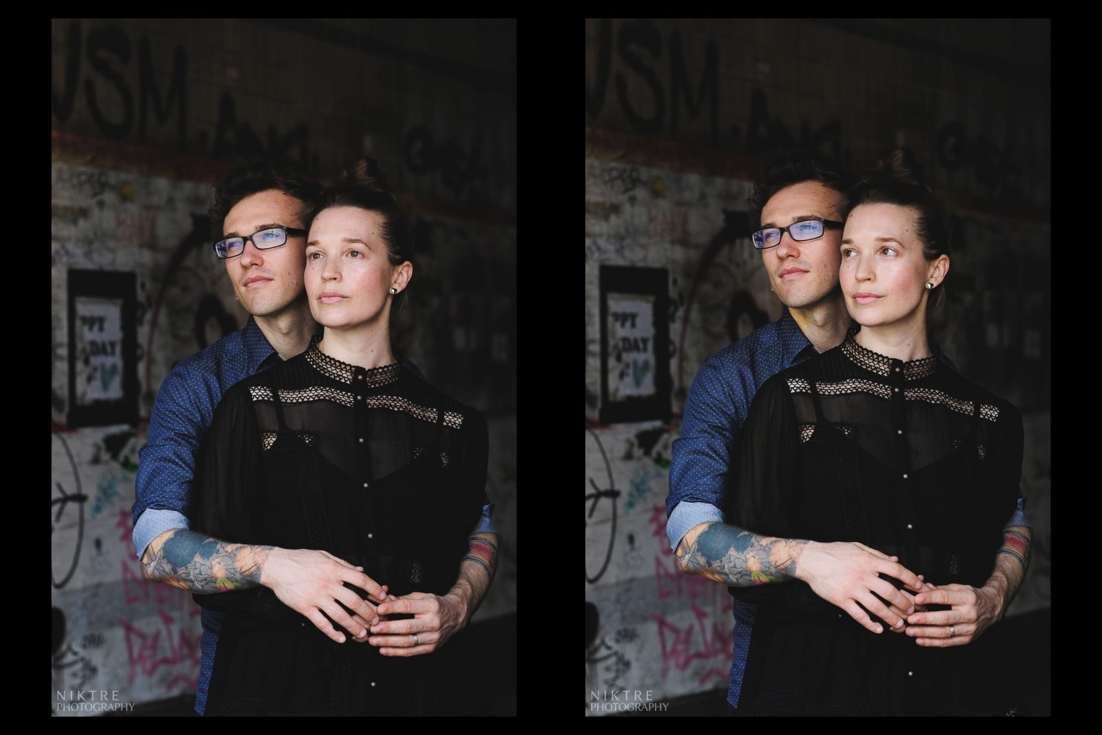Mann mit Tattoos umarmt seine Frau beim Fotoshooting